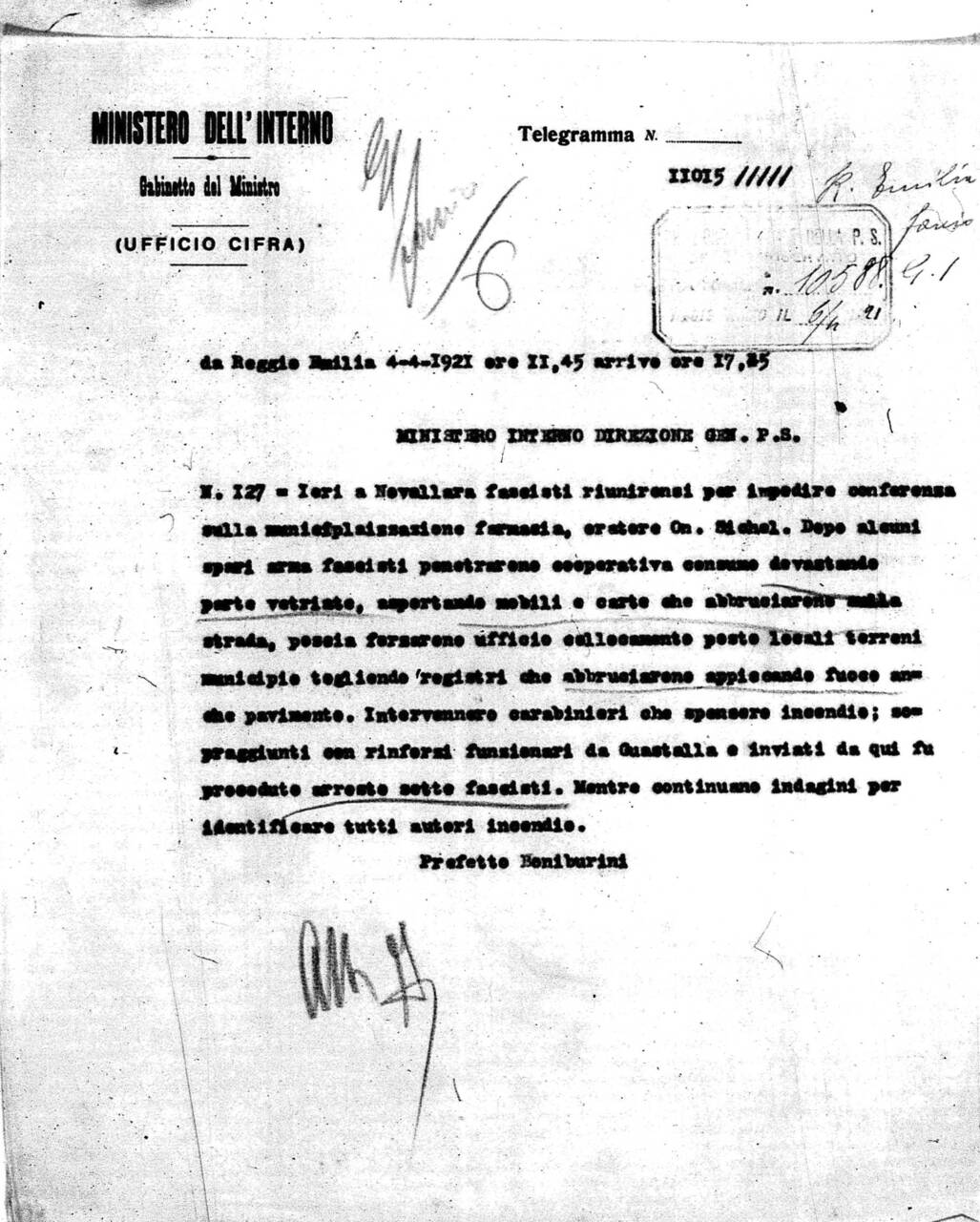 comunicazione prefetto boniburini aggressioni fasciste 1921